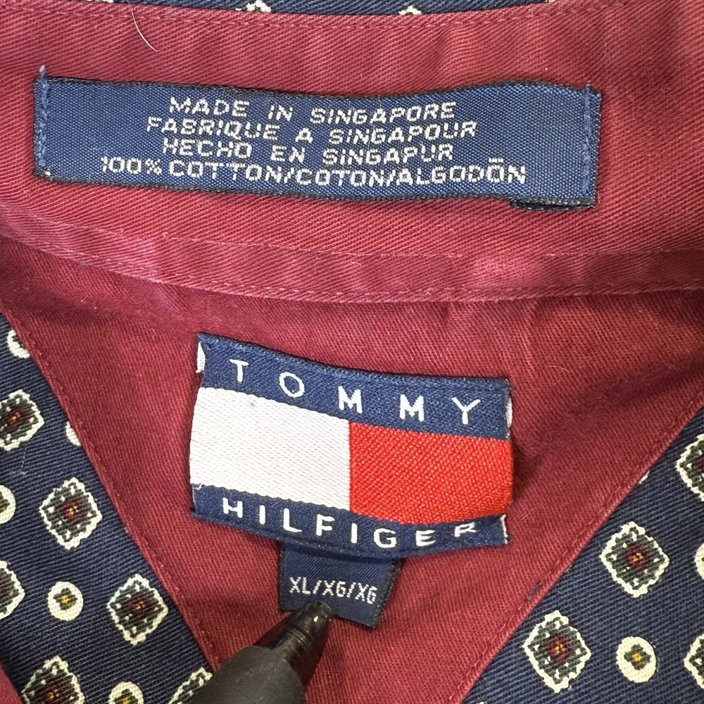 Vintage Y2K Tommy Hilfiger Mens XL Cotton Navy Blue Geometric Button Down Shirt - Picture 4 of 7
